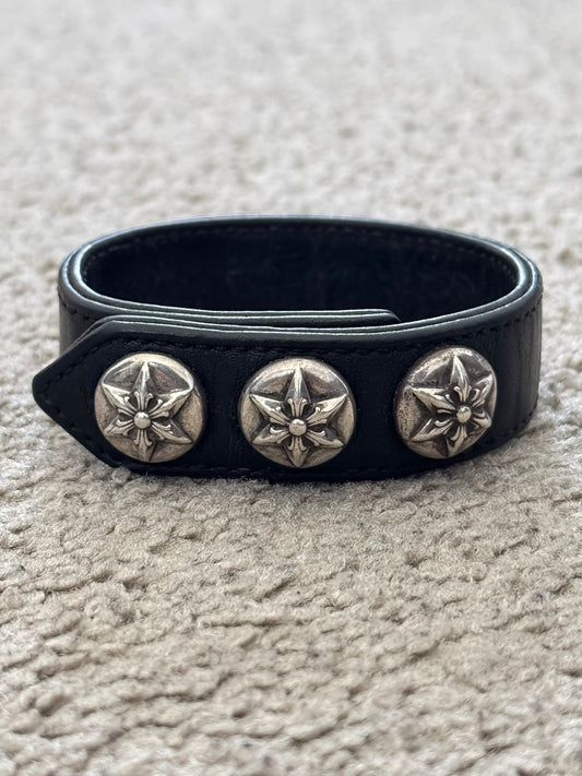 Chrome Hearts 3 Silver Star Snap Button Black Leather Bracelet