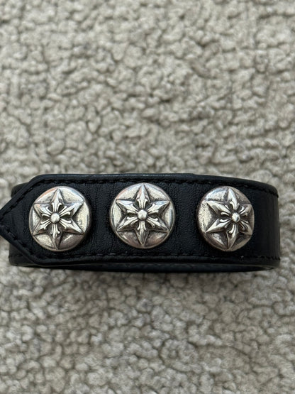 Chrome Hearts 3 Silver Star Snap Button Black Leather Bracelet
