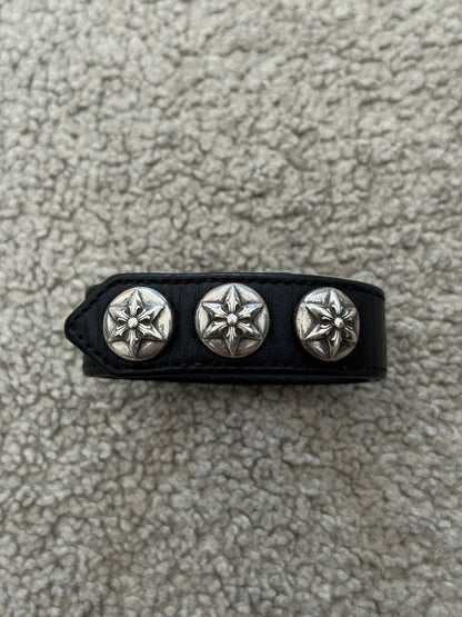 Chrome Hearts 3 Silver Star Snap Button Black Leather Bracelet