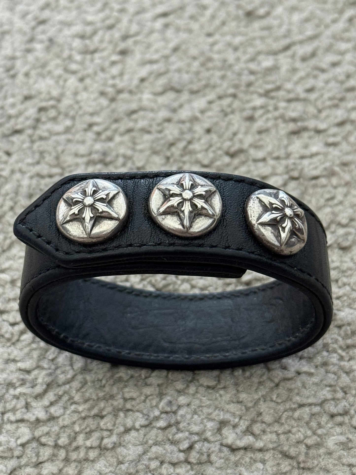 Chrome Hearts 3 Silver Star Snap Button Black Leather Bracelet