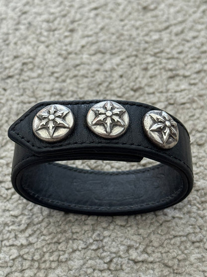 Chrome Hearts 3 Silver Star Snap Button Black Leather Bracelet