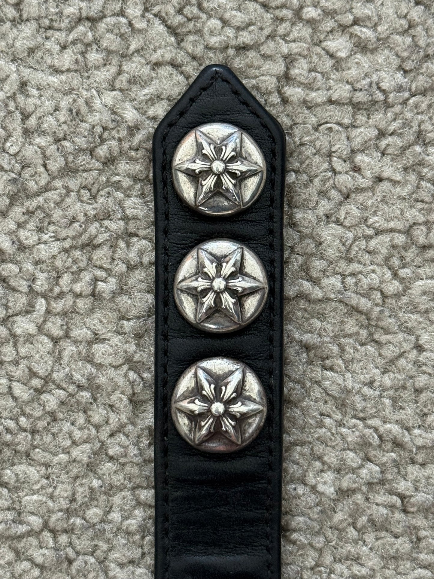 Chrome Hearts 3 Silver Star Snap Button Black Leather Bracelet
