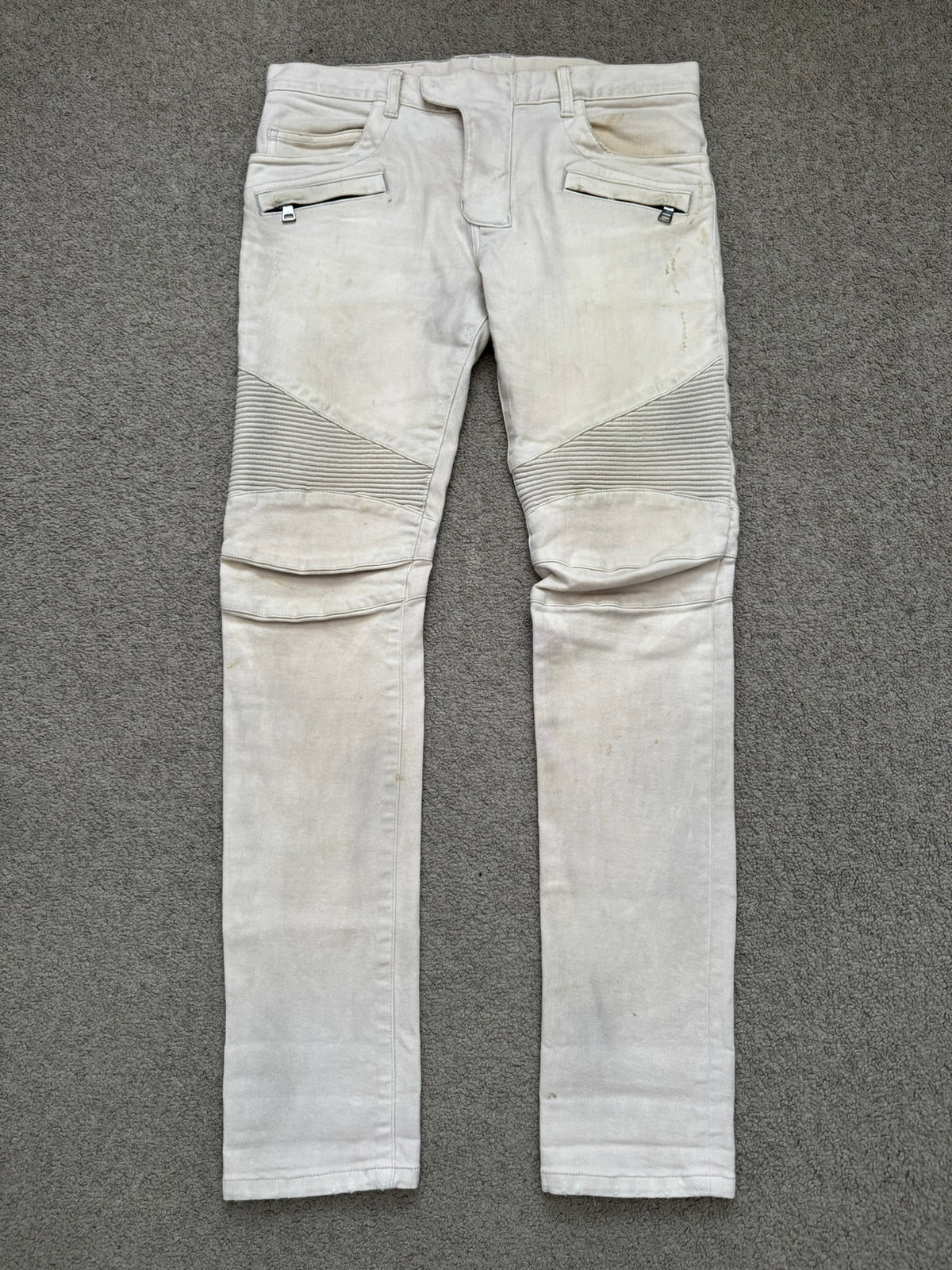 SS14 Balmain by Olivier Rousteing Cream Zip Biker Denim Jeans