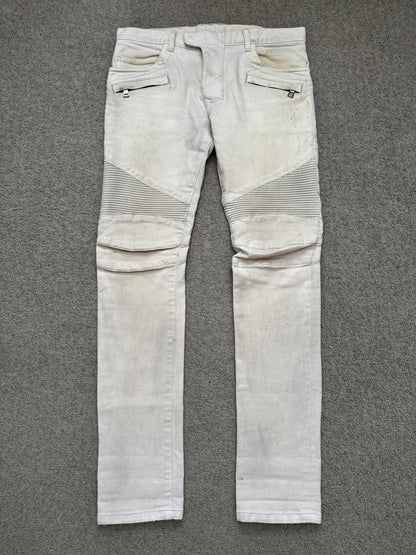 SS14 Balmain by Olivier Rousteing Cream Zip Biker Denim Jeans