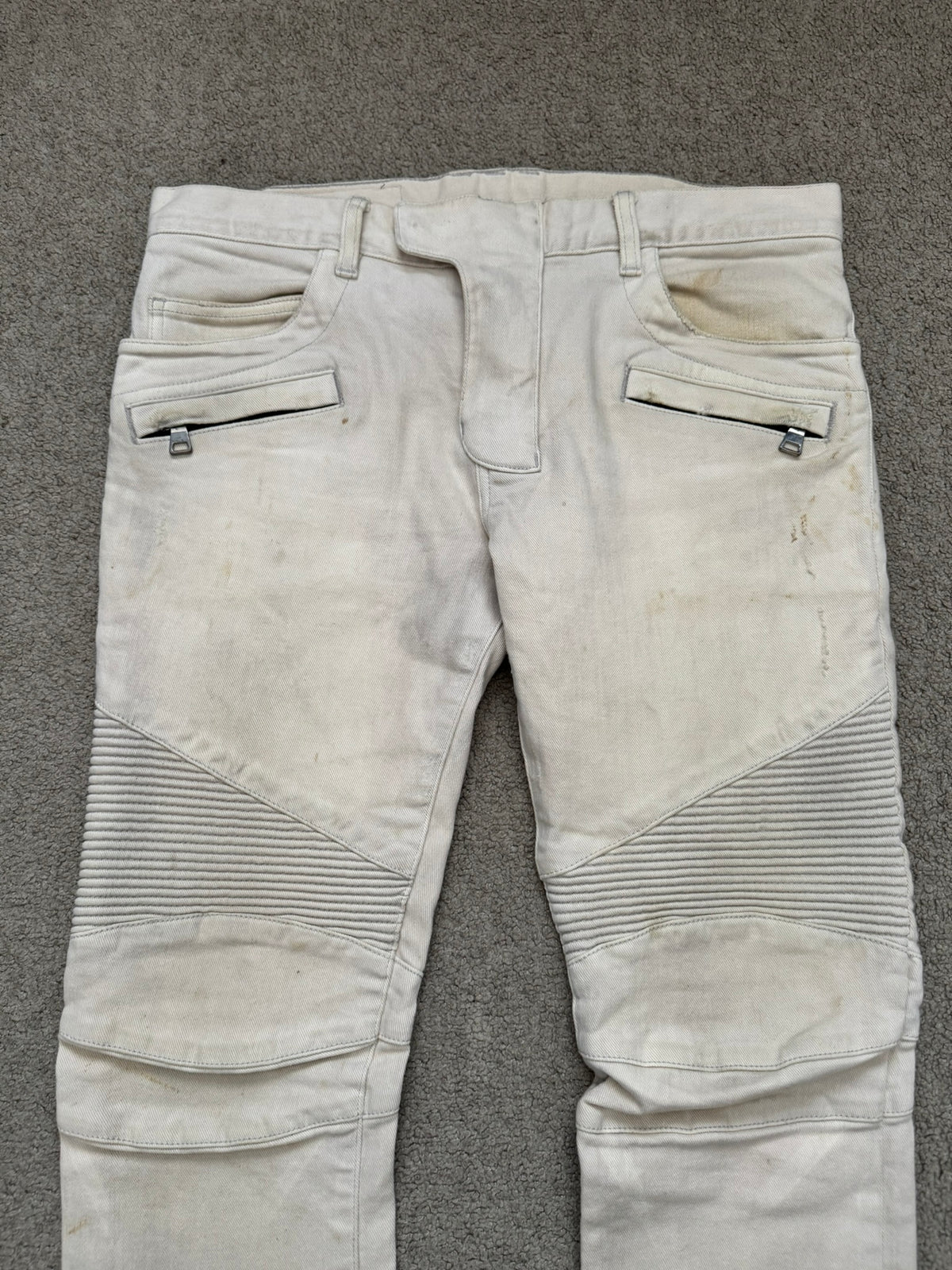 SS14 Balmain by Olivier Rousteing Cream Zip Biker Denim Jeans