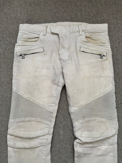 SS14 Balmain by Olivier Rousteing Cream Zip Biker Denim Jeans