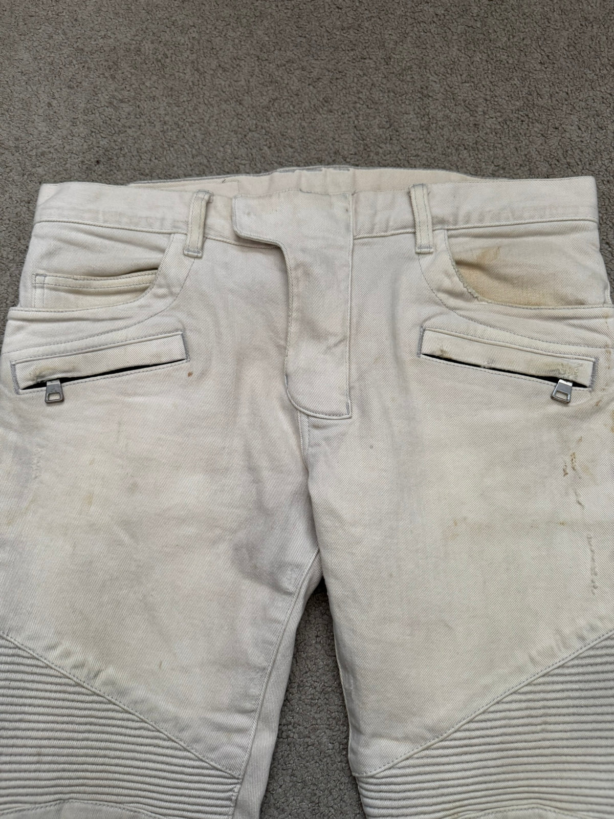 SS14 Balmain by Olivier Rousteing Cream Zip Biker Denim Jeans