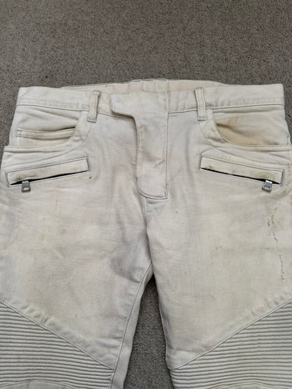 SS14 Balmain by Olivier Rousteing Cream Zip Biker Denim Jeans