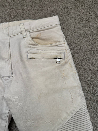 SS14 Balmain by Olivier Rousteing Cream Zip Biker Denim Jeans