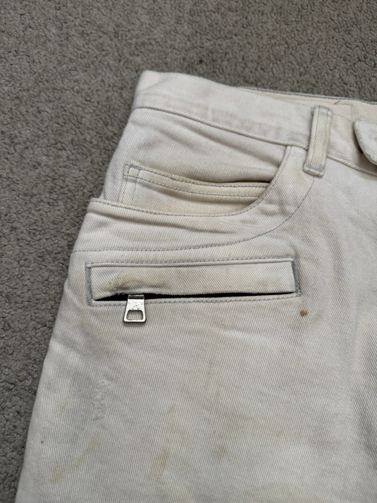 SS14 Balmain by Olivier Rousteing Cream Zip Biker Denim Jeans
