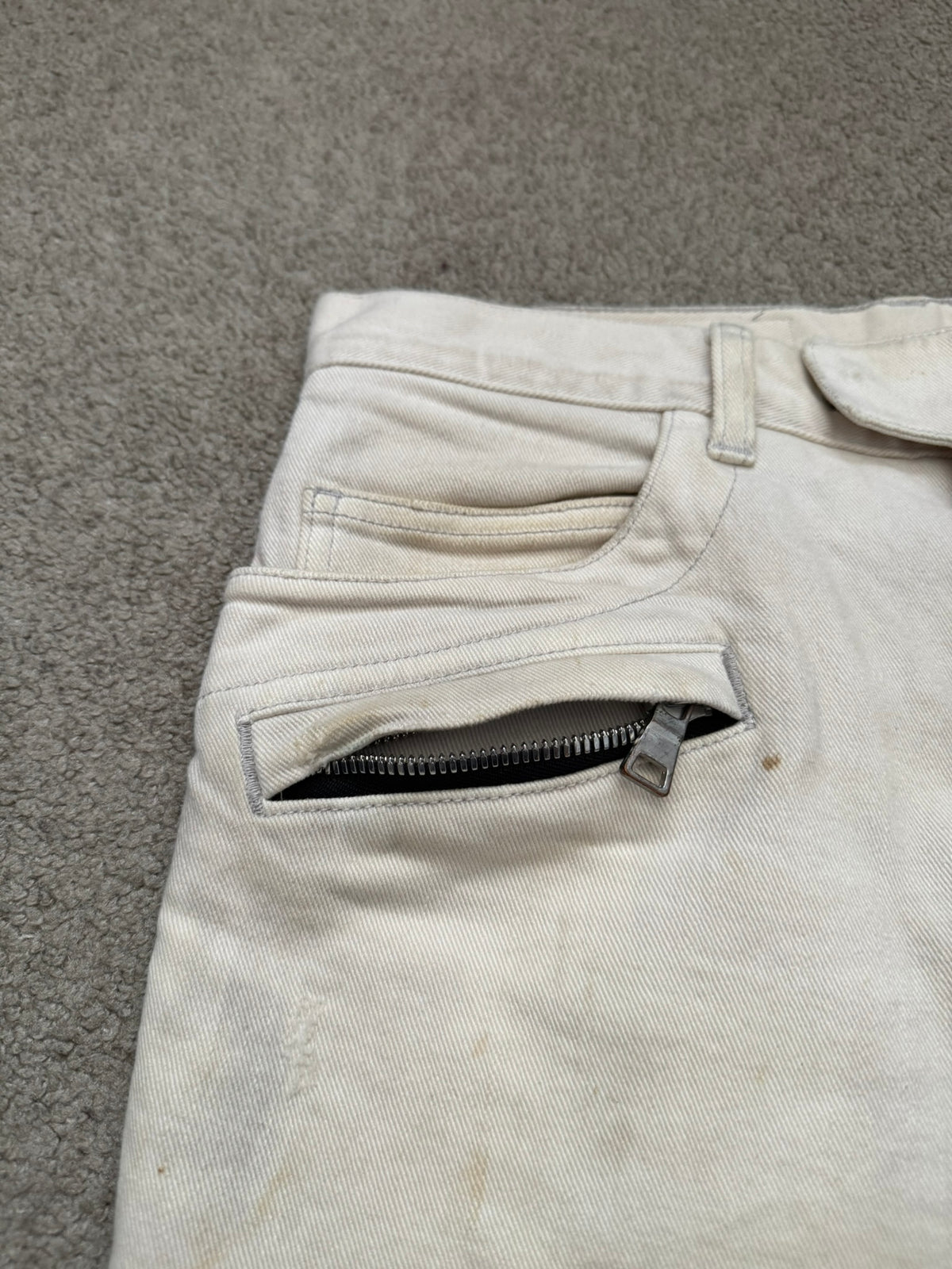SS14 Balmain by Olivier Rousteing Cream Zip Biker Denim Jeans