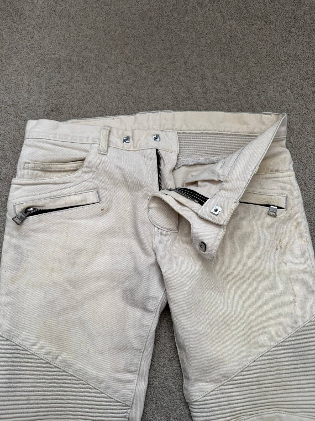 SS14 Balmain by Olivier Rousteing Cream Zip Biker Denim Jeans