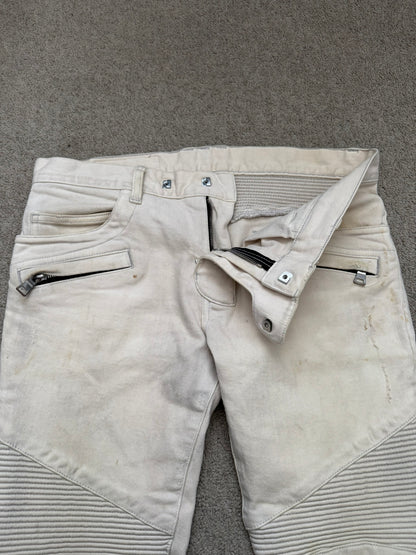 SS14 Balmain by Olivier Rousteing Cream Zip Biker Denim Jeans