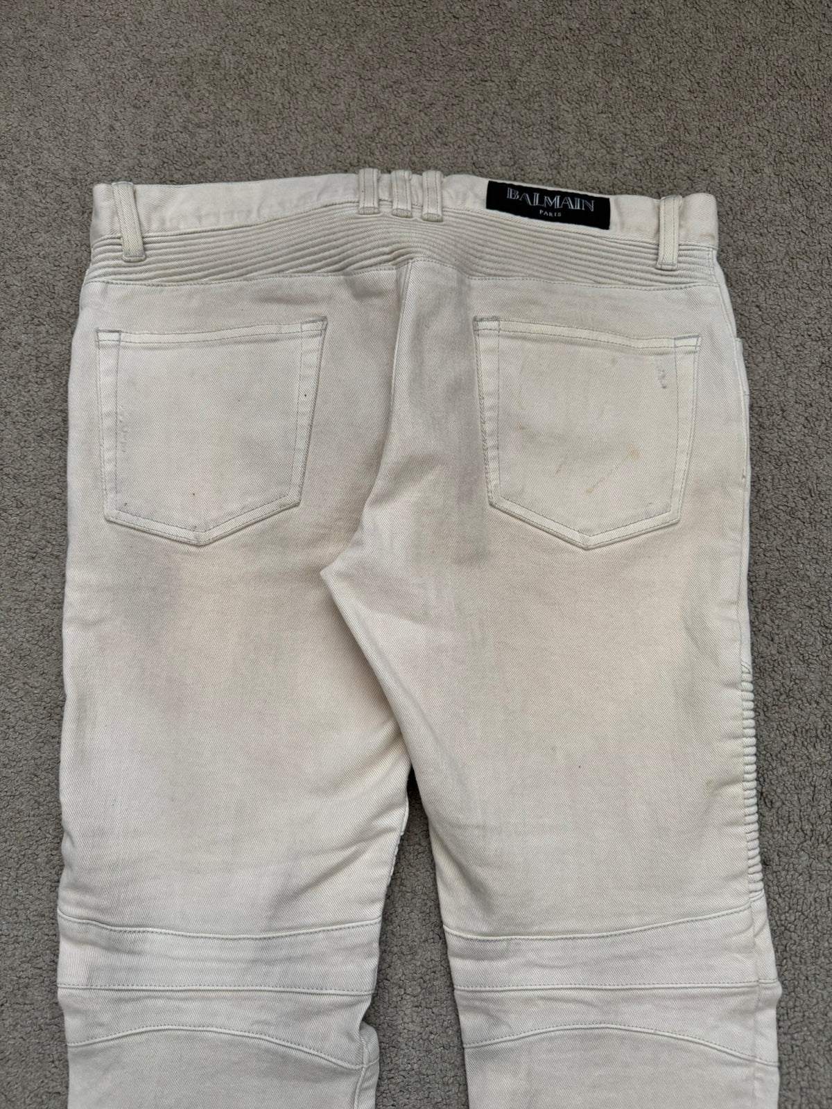 SS14 Balmain by Olivier Rousteing Cream Zip Biker Denim Jeans