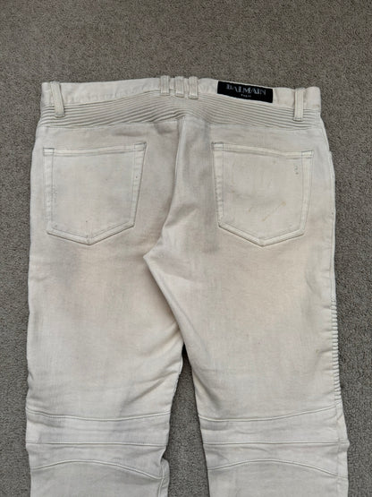SS14 Balmain by Olivier Rousteing Cream Zip Biker Denim Jeans