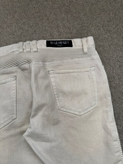 SS14 Balmain by Olivier Rousteing Cream Zip Biker Denim Jeans