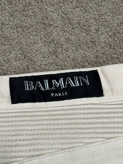 SS14 Balmain by Olivier Rousteing Cream Zip Biker Denim Jeans