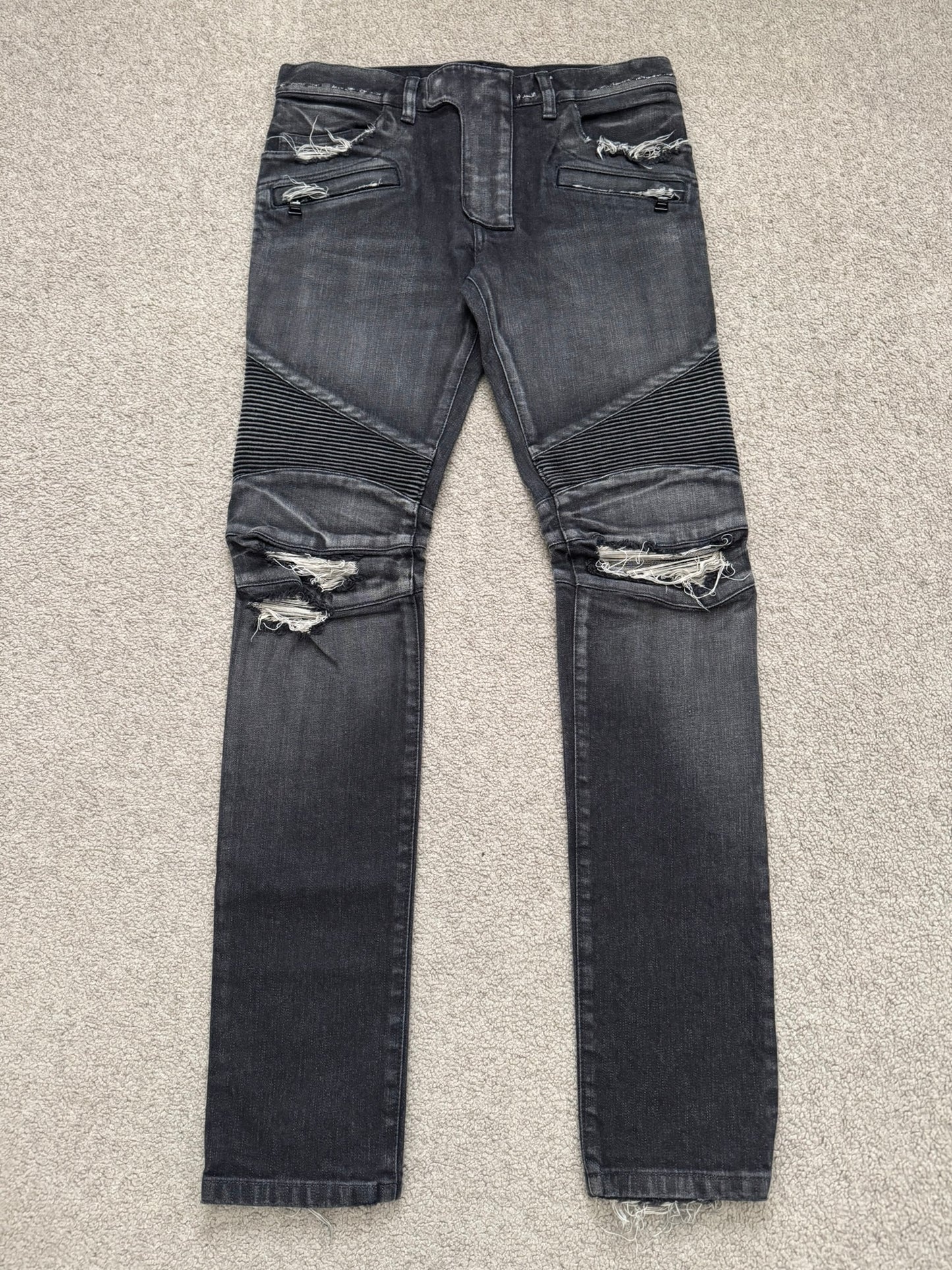 Balmain by Olivier Rousteing Distressed Zip Biker Denim Jeans