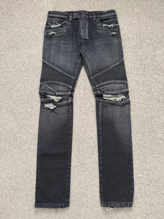 Balmain by Olivier Rousteing Distressed Zip Biker Denim Jeans