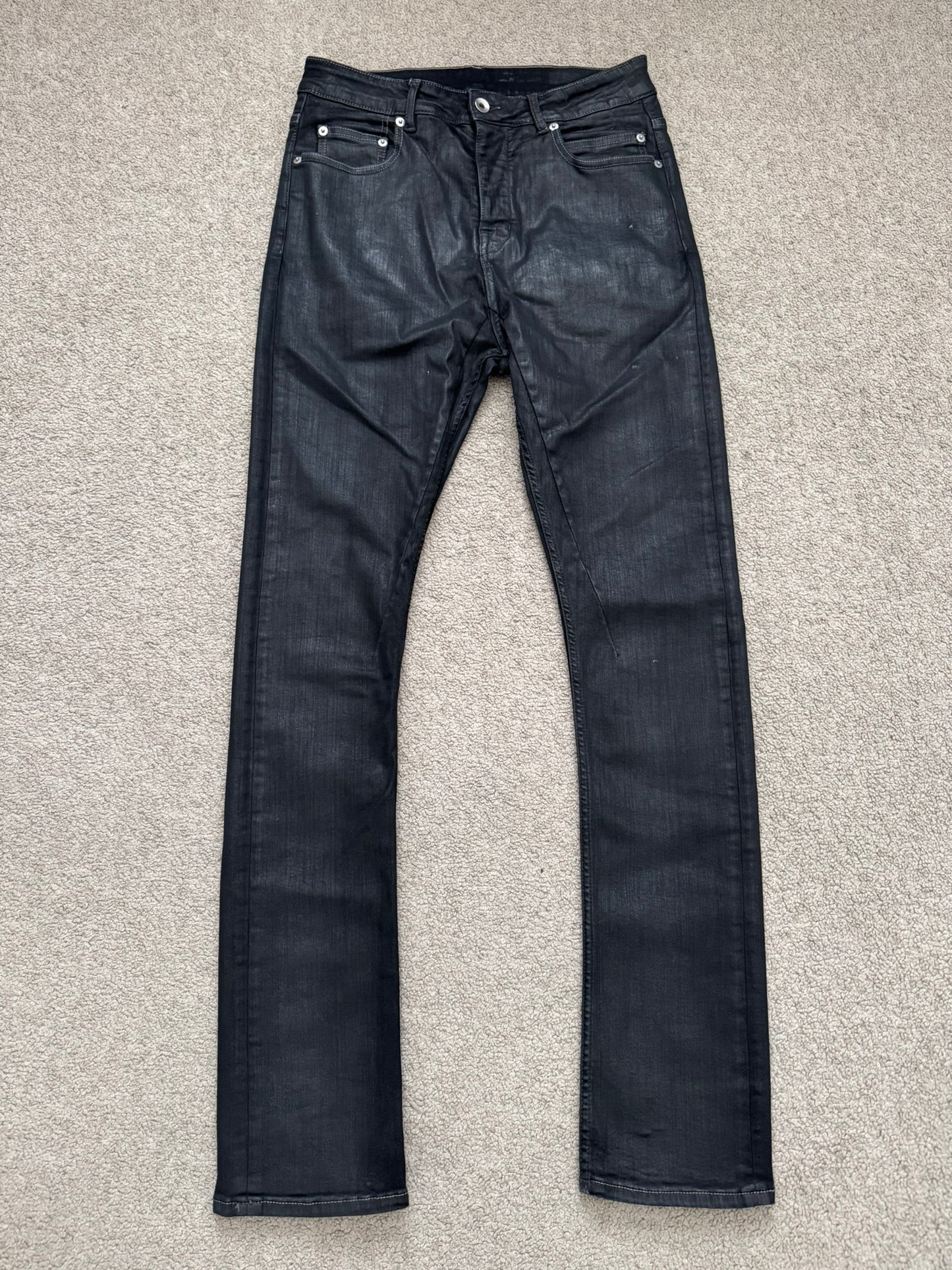 SS25 Rick Owens DRKSHDW Black Waxed Detroit Cut Denim Jeans