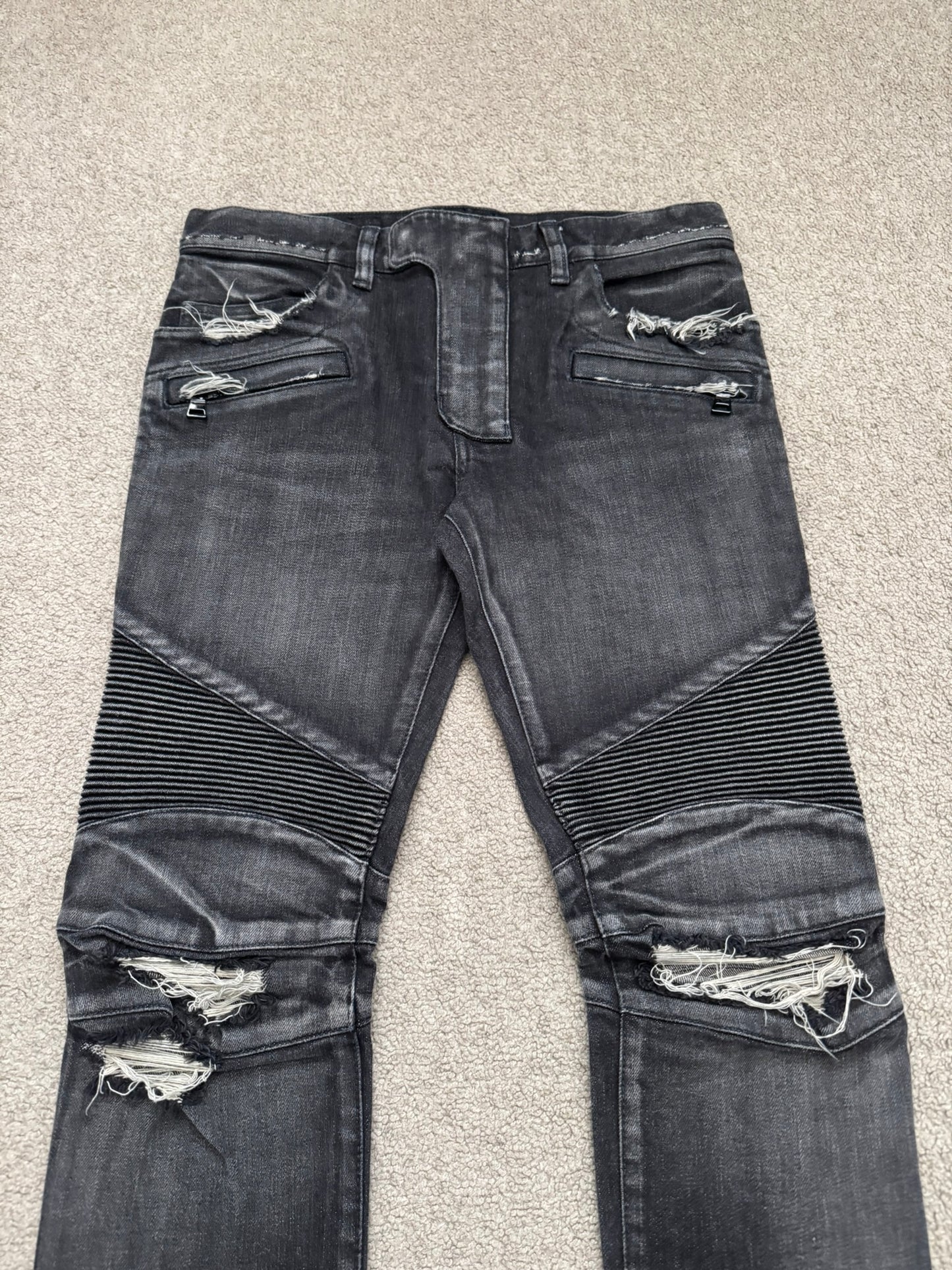 Balmain by Olivier Rousteing Distressed Zip Biker Denim Jeans