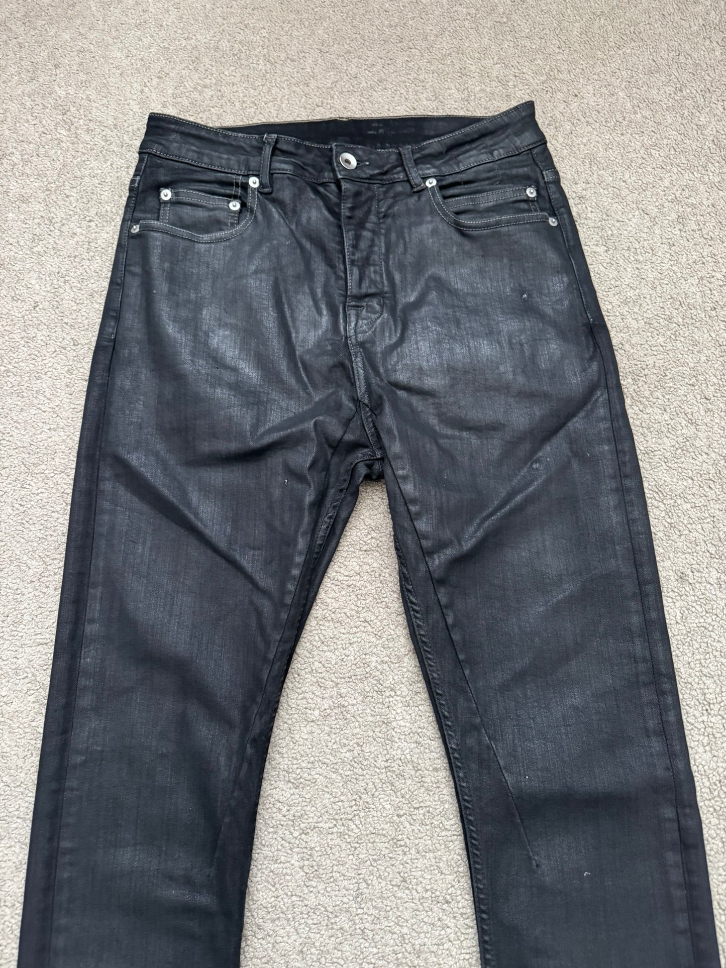 SS25 Rick Owens DRKSHDW Black Waxed Detroit Cut Denim Jeans