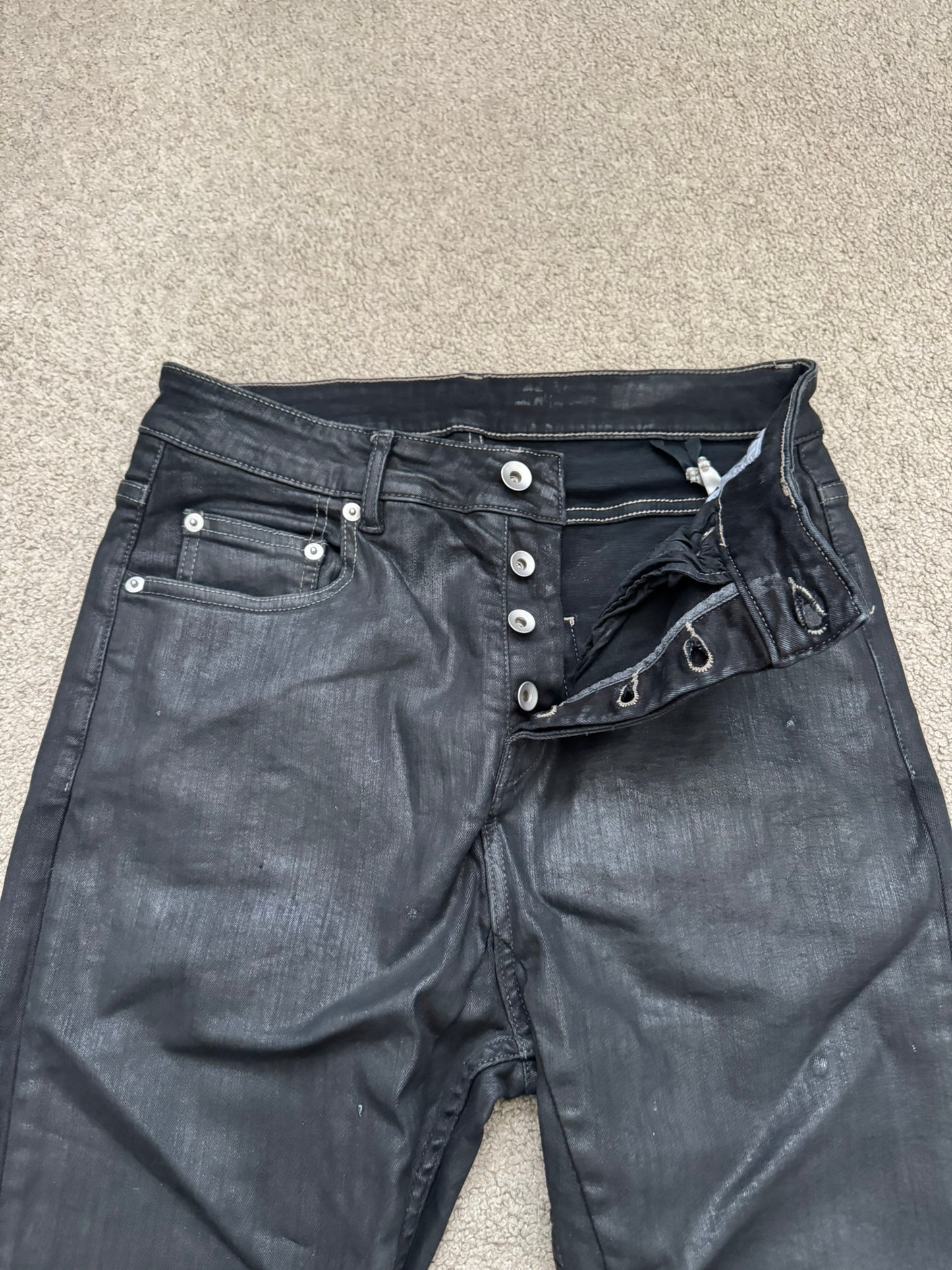 SS25 Rick Owens DRKSHDW Black Waxed Detroit Cut Denim Jeans