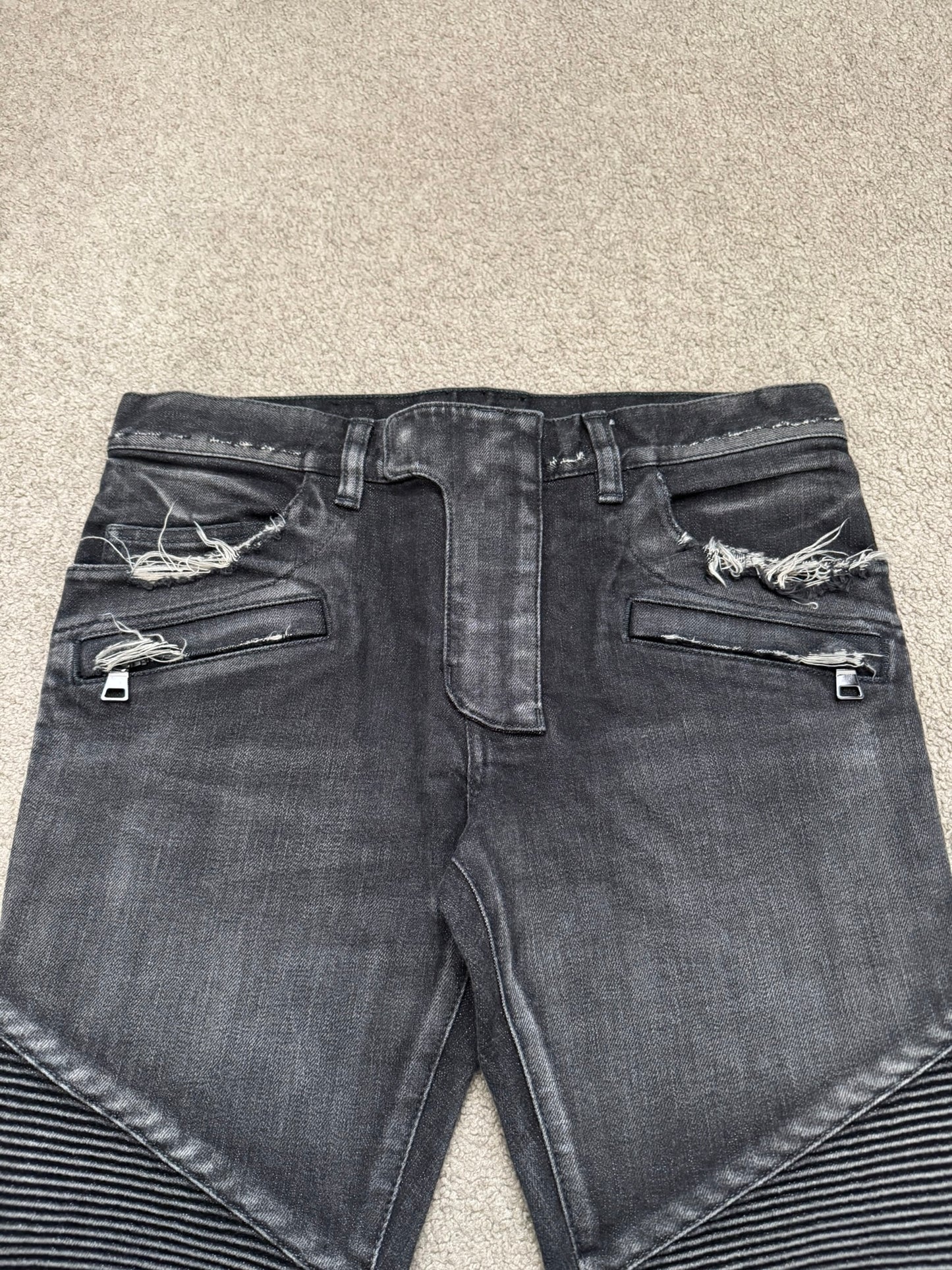 Balmain by Olivier Rousteing Distressed Zip Biker Denim Jeans