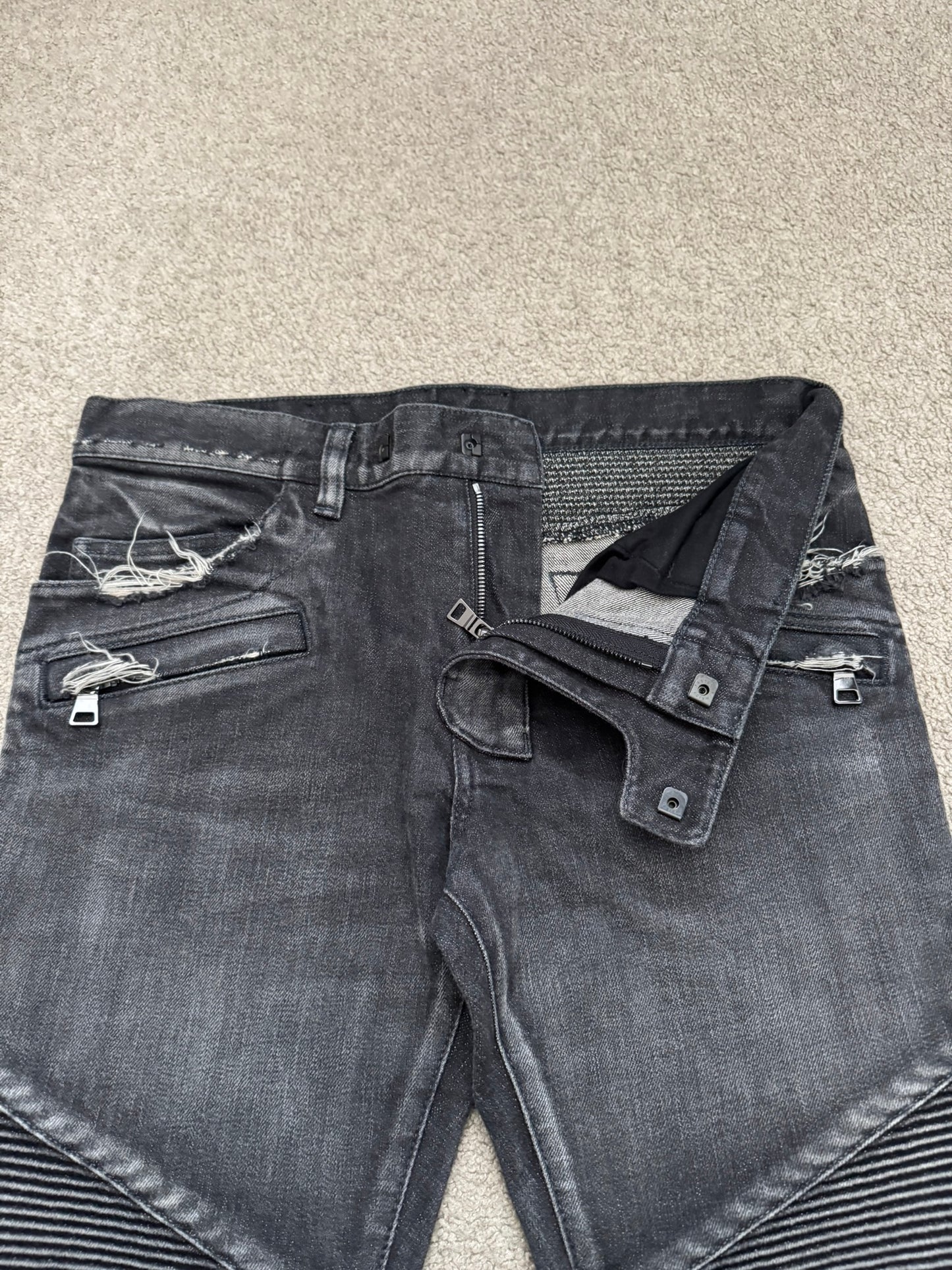 Balmain by Olivier Rousteing Distressed Zip Biker Denim Jeans