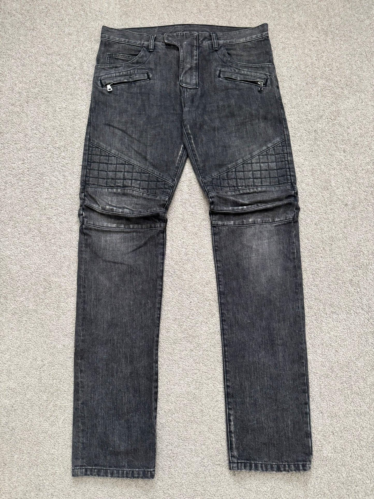 FW12 Balmain by Olivier Rousteing Quilted Zip Biker Denim Jeans