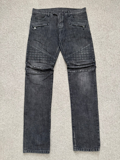 FW12 Balmain by Olivier Rousteing Quilted Zip Biker Denim Jeans