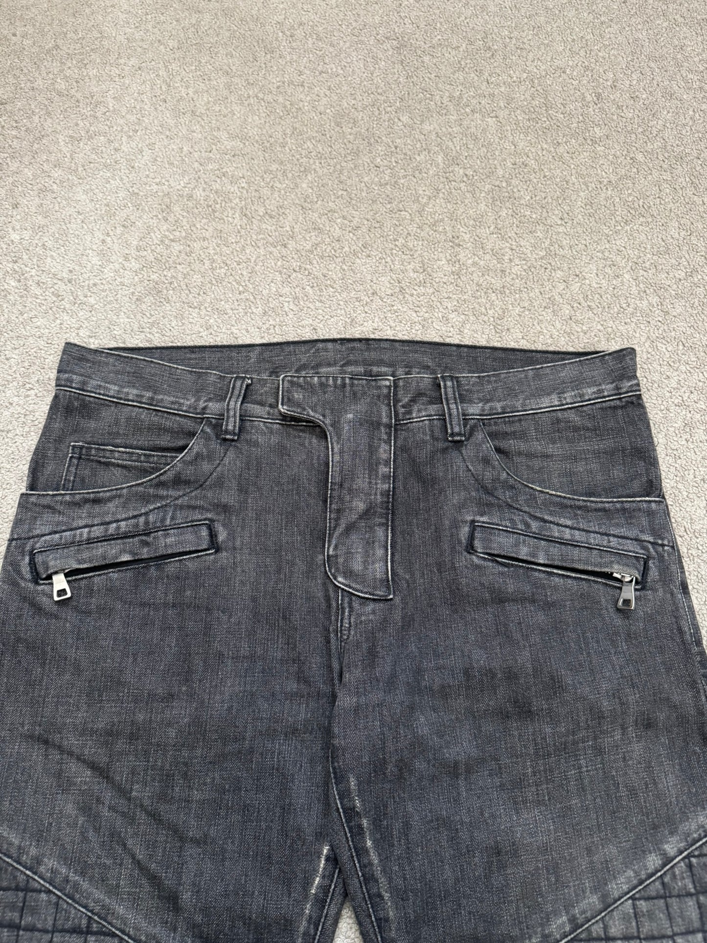 FW12 Balmain by Olivier Rousteing Quilted Zip Biker Denim Jeans
