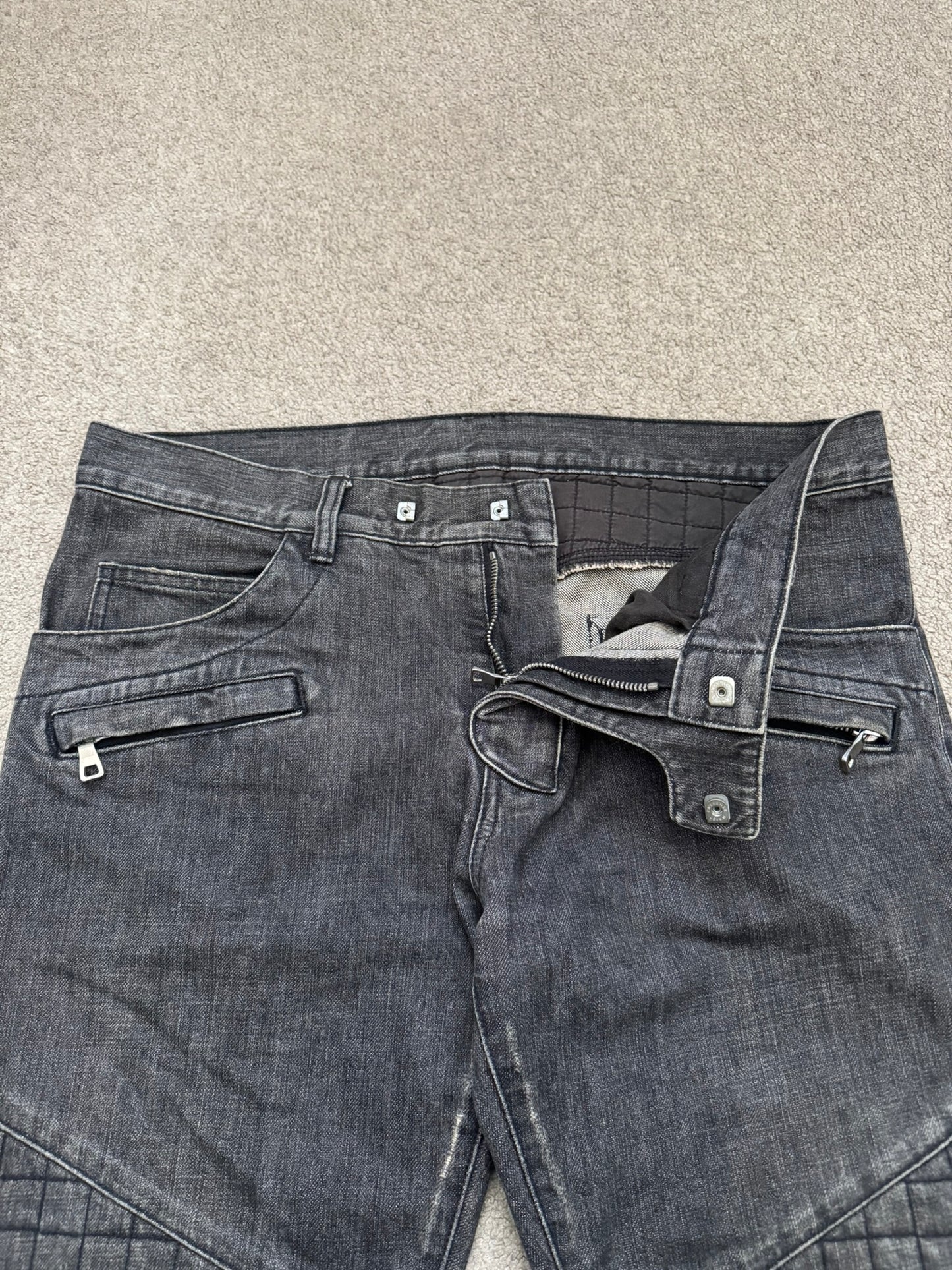 FW12 Balmain by Olivier Rousteing Quilted Zip Biker Denim Jeans