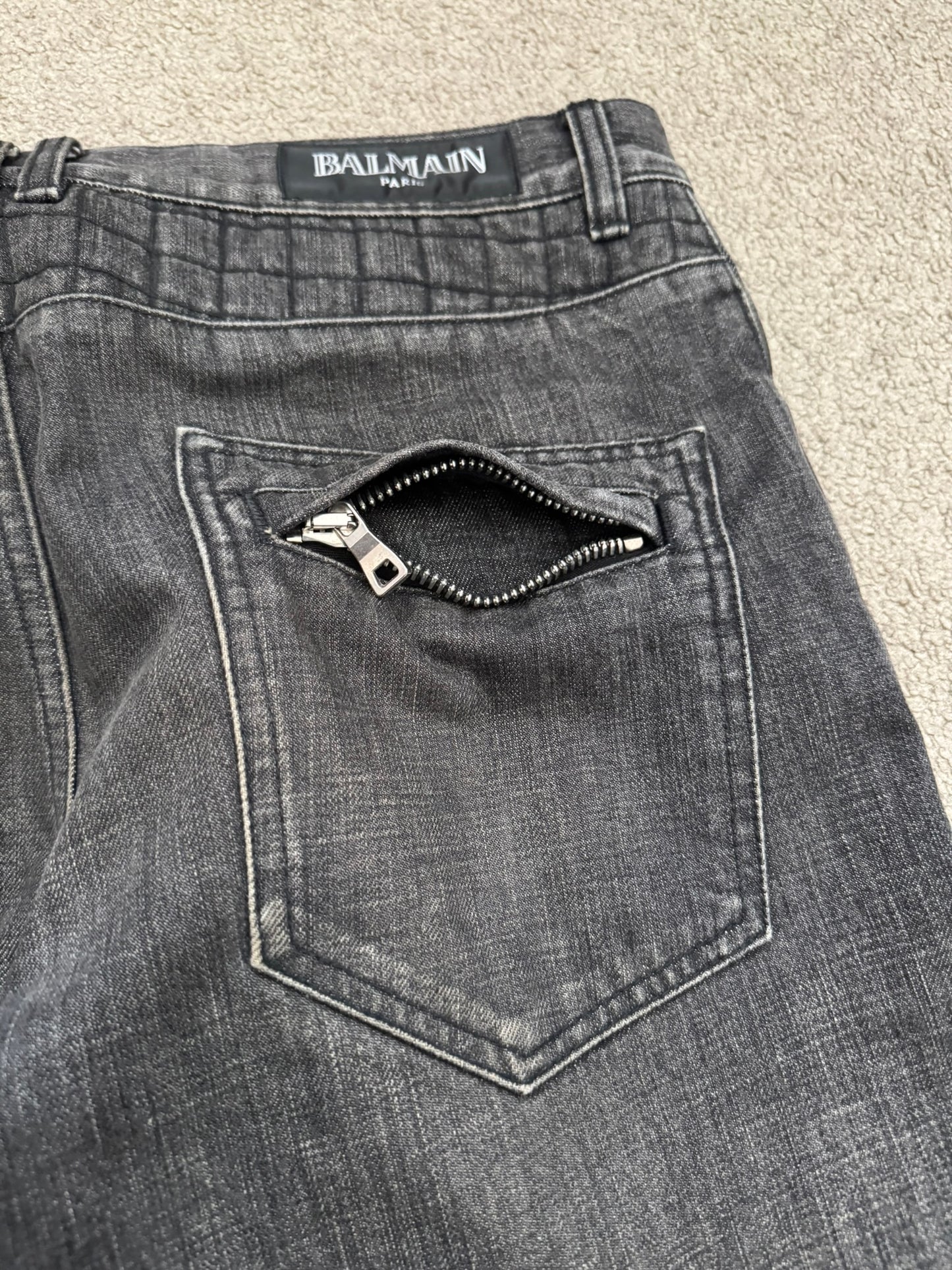 FW12 Balmain by Olivier Rousteing Quilted Zip Biker Denim Jeans