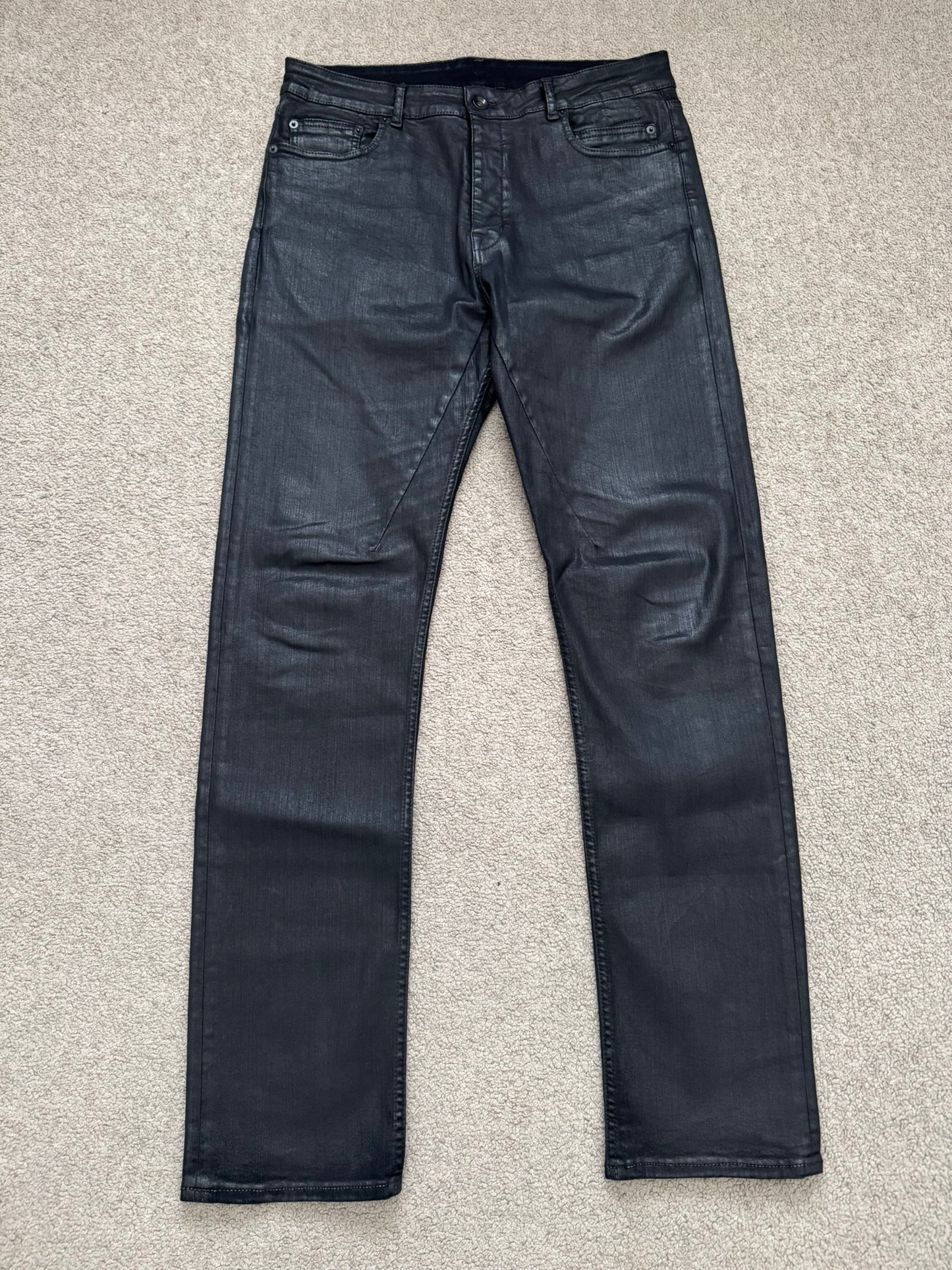 FW18 Rick Owens DRKSHDW Black Waxed Torrence Cut Denim Jeans