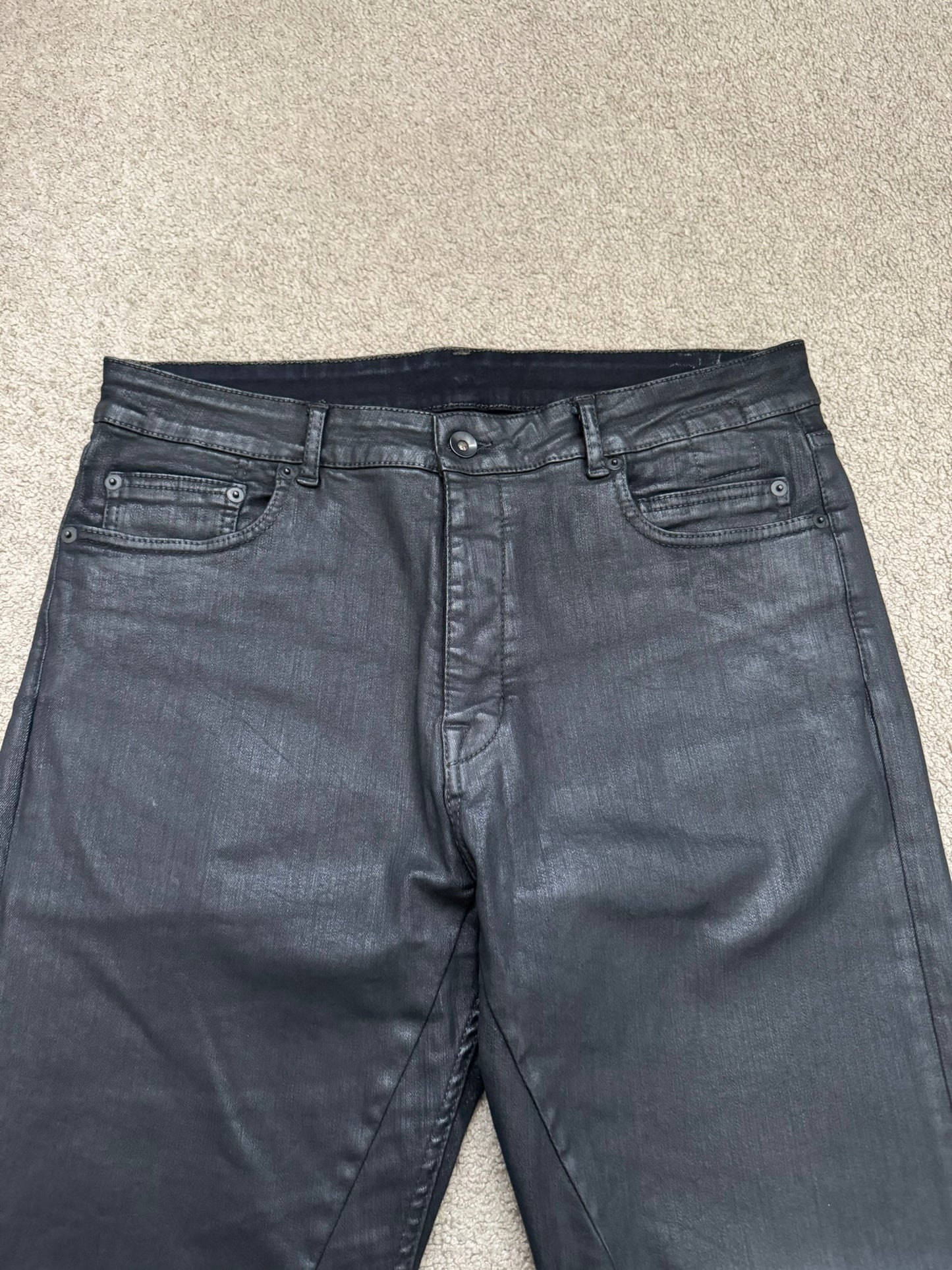FW18 Rick Owens DRKSHDW Black Waxed Torrence Cut Denim Jeans