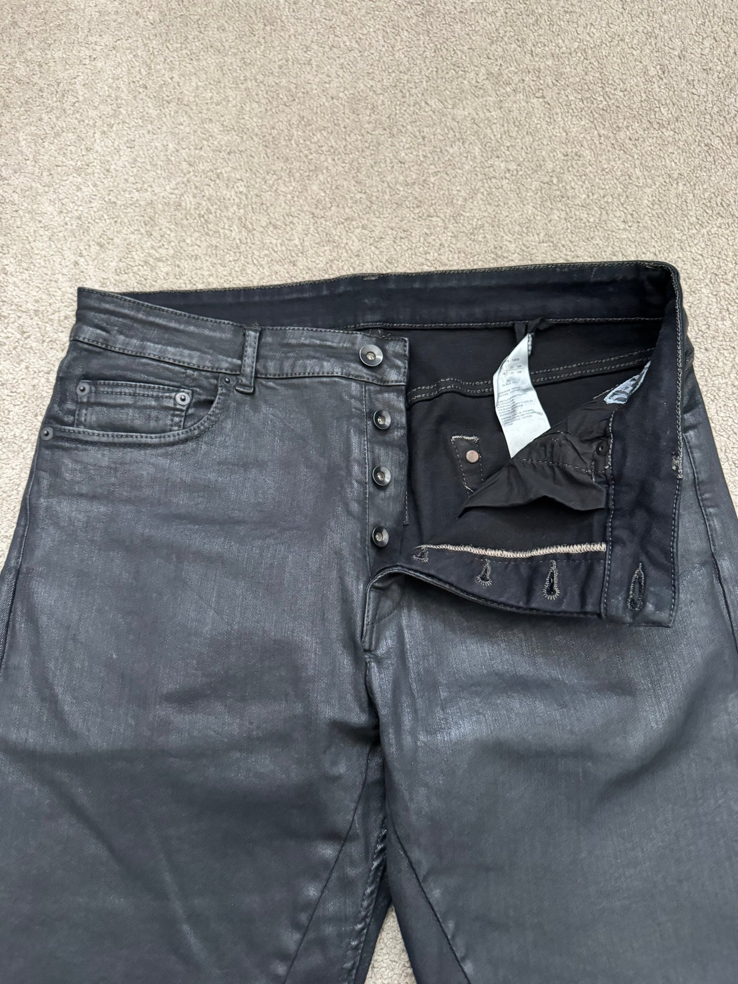 FW18 Rick Owens DRKSHDW Black Waxed Torrence Cut Denim Jeans