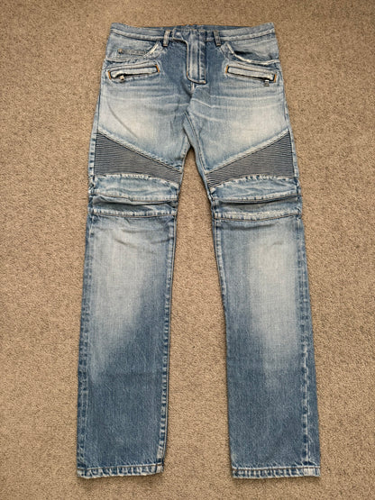 Balmain by Olivier Rousteing Selvedge Lightwash Zip Biker Denim Jeans