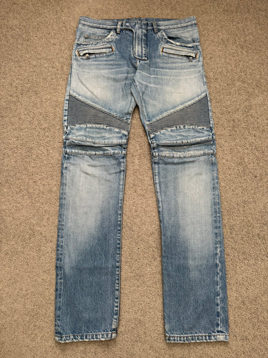 Balmain by Olivier Rousteing Selvedge Lightwash Zip Biker Denim Jeans
