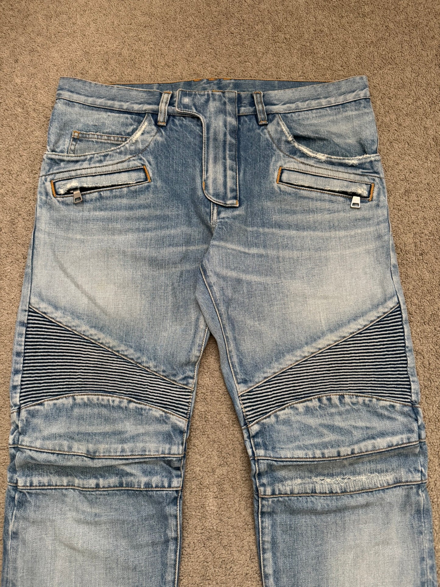 Balmain by Olivier Rousteing Selvedge Lightwash Zip Biker Denim Jeans