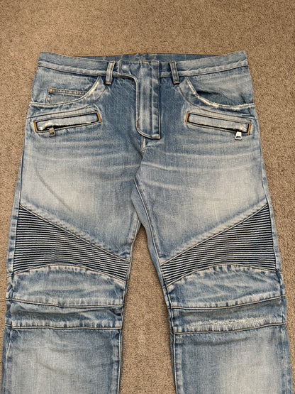 Balmain by Olivier Rousteing Selvedge Lightwash Zip Biker Denim Jeans