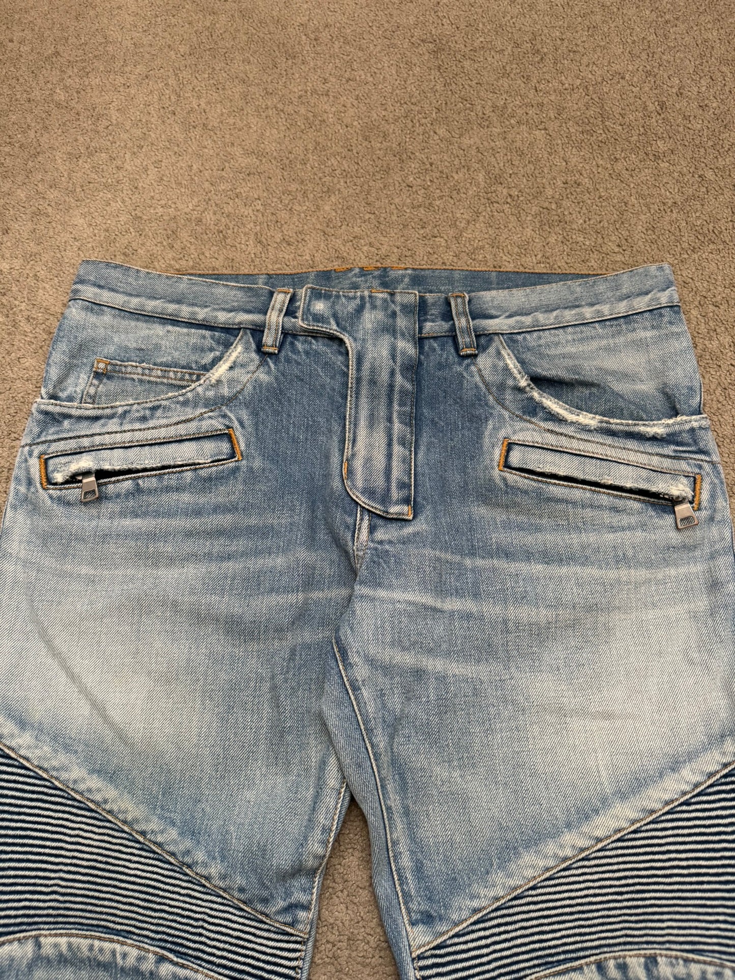Balmain by Olivier Rousteing Selvedge Lightwash Zip Biker Denim Jeans