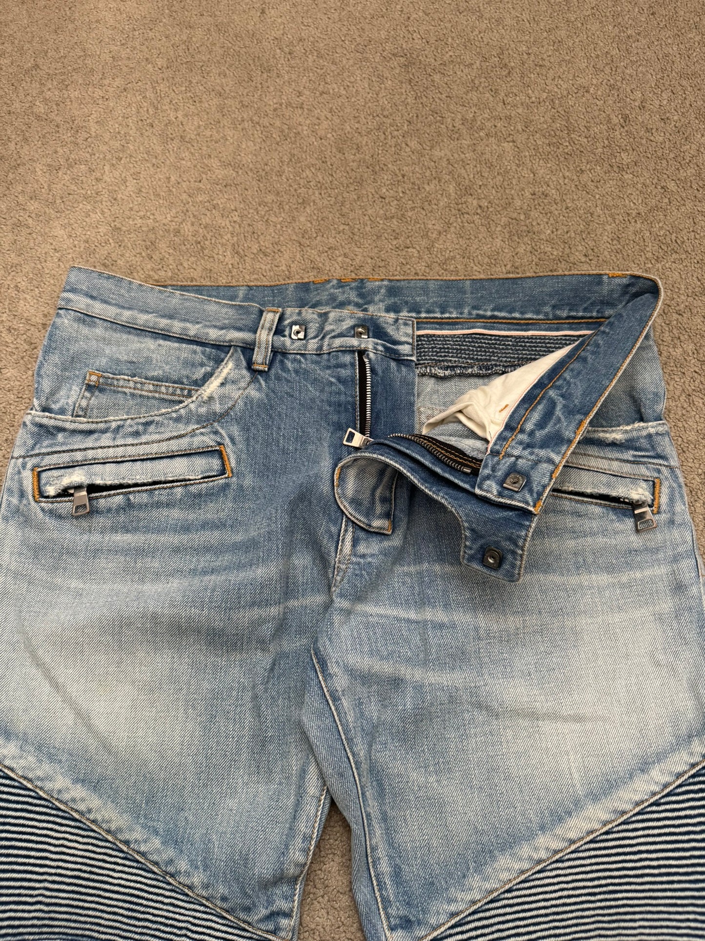 Balmain by Olivier Rousteing Selvedge Lightwash Zip Biker Denim Jeans