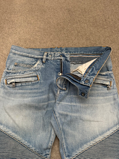 Balmain by Olivier Rousteing Selvedge Lightwash Zip Biker Denim Jeans
