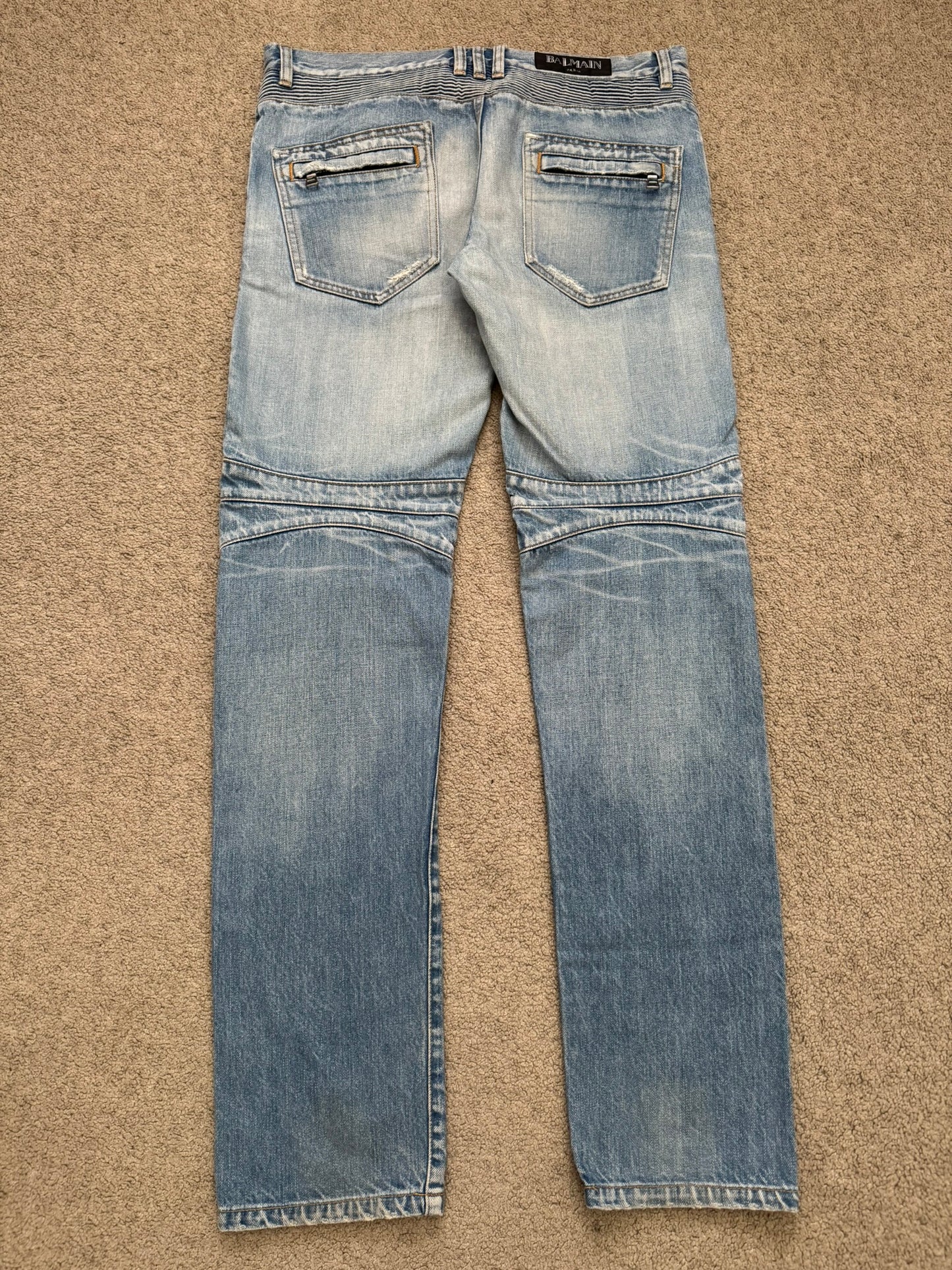 Balmain by Olivier Rousteing Selvedge Lightwash Zip Biker Denim Jeans