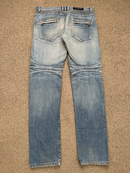 Balmain by Olivier Rousteing Selvedge Lightwash Zip Biker Denim Jeans