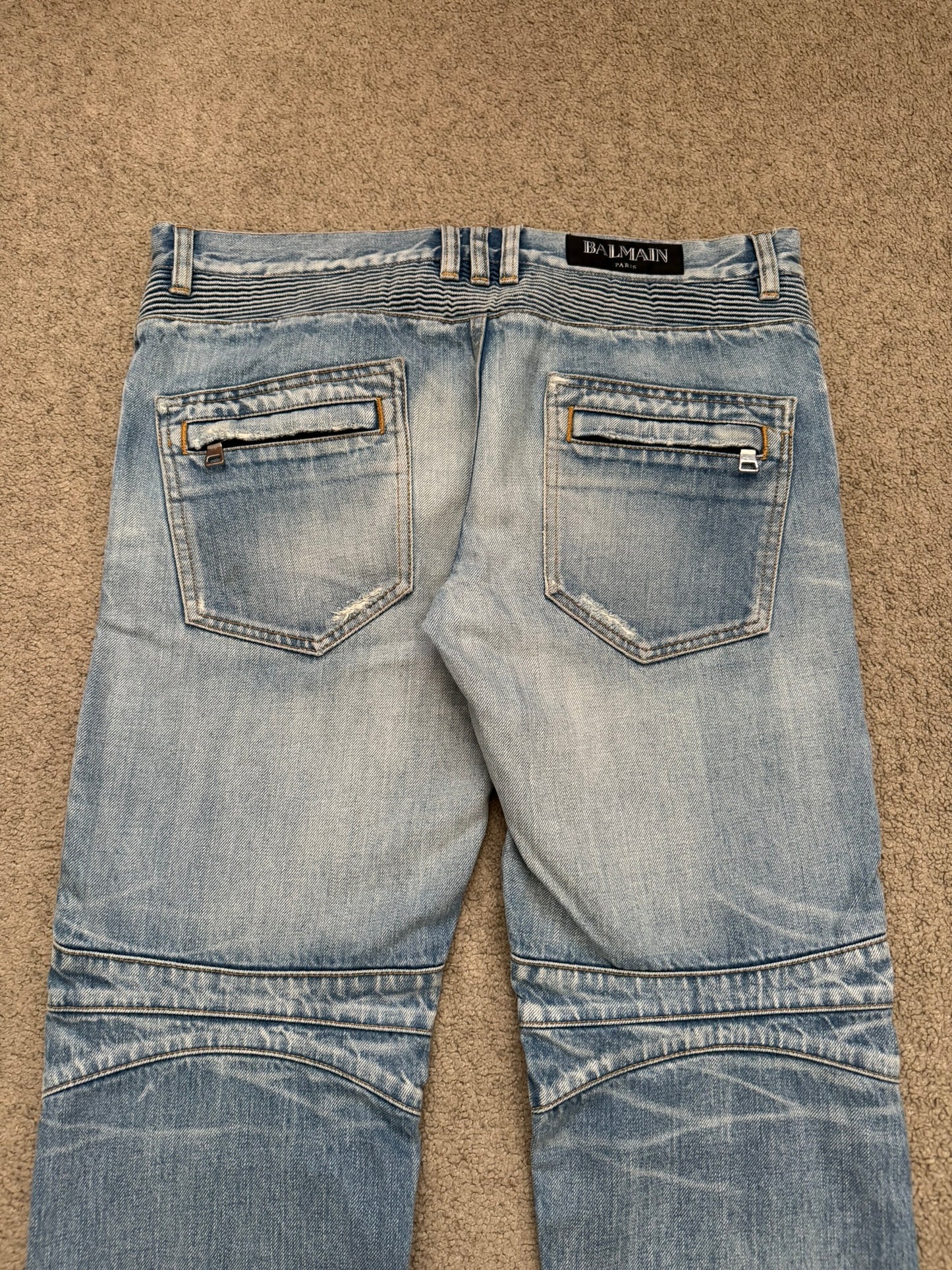 Balmain by Olivier Rousteing Selvedge Lightwash Zip Biker Denim Jeans