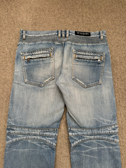 Balmain by Olivier Rousteing Selvedge Lightwash Zip Biker Denim Jeans