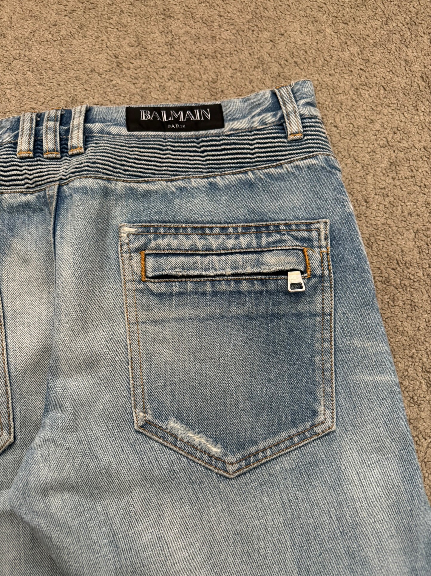 Balmain by Olivier Rousteing Selvedge Lightwash Zip Biker Denim Jeans
