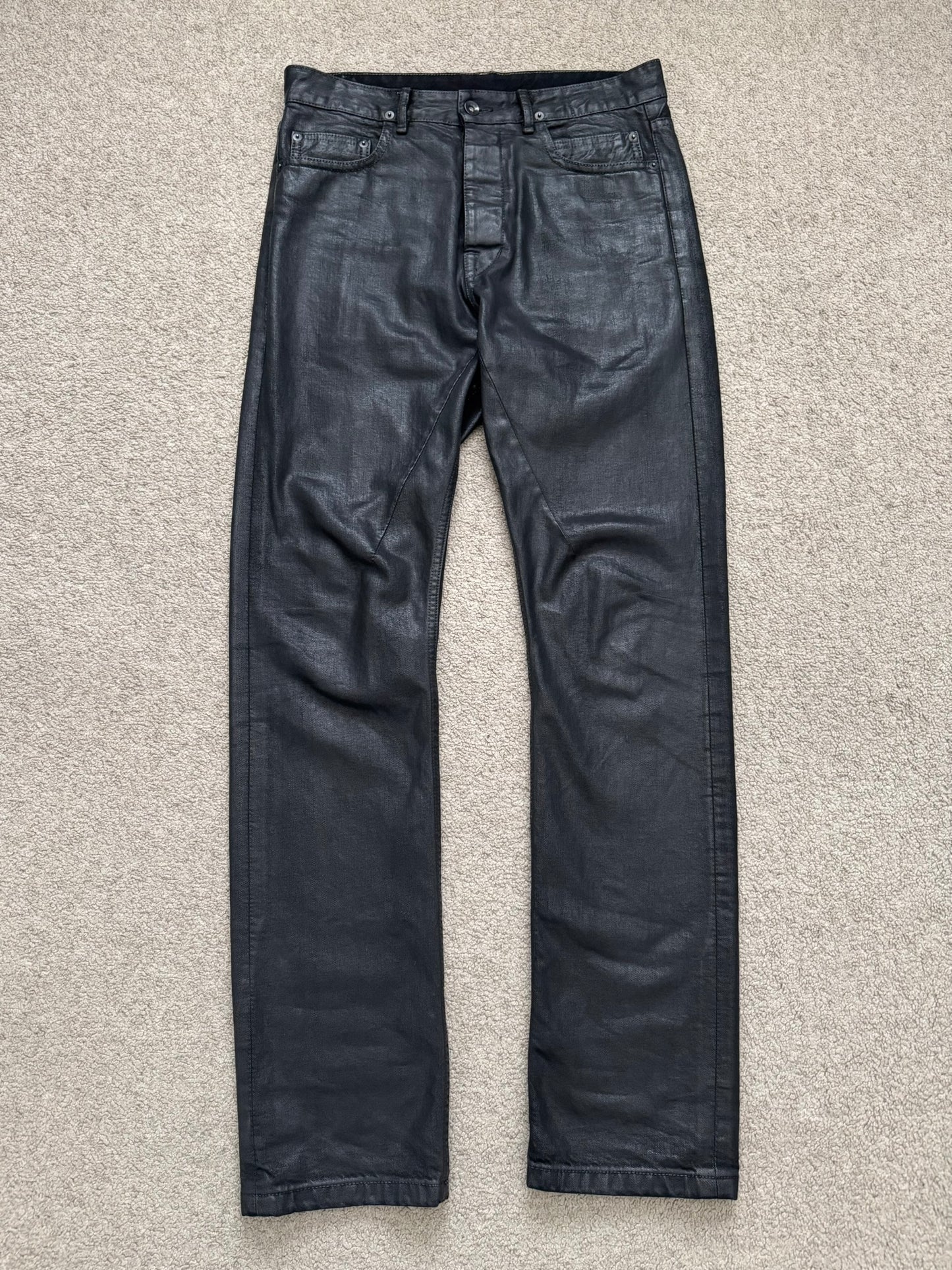 SS17 Rick Owens DRKSHDW Black Waxed Torrance Cut Denim Jeans